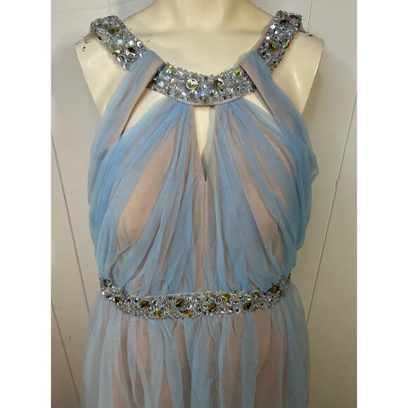 City Triangles Nude and sky blue jeweled halter top maxi Prom Dress. Size 17 - Picture 8 of 11